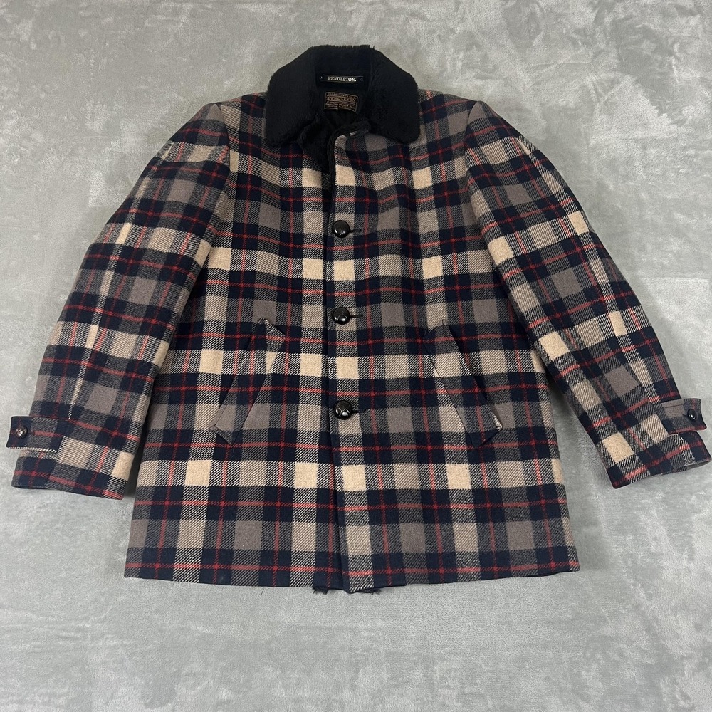 Vintage Pendleton Coat Mens Large Plaid Wool Fur Collar Insulated Overcoat